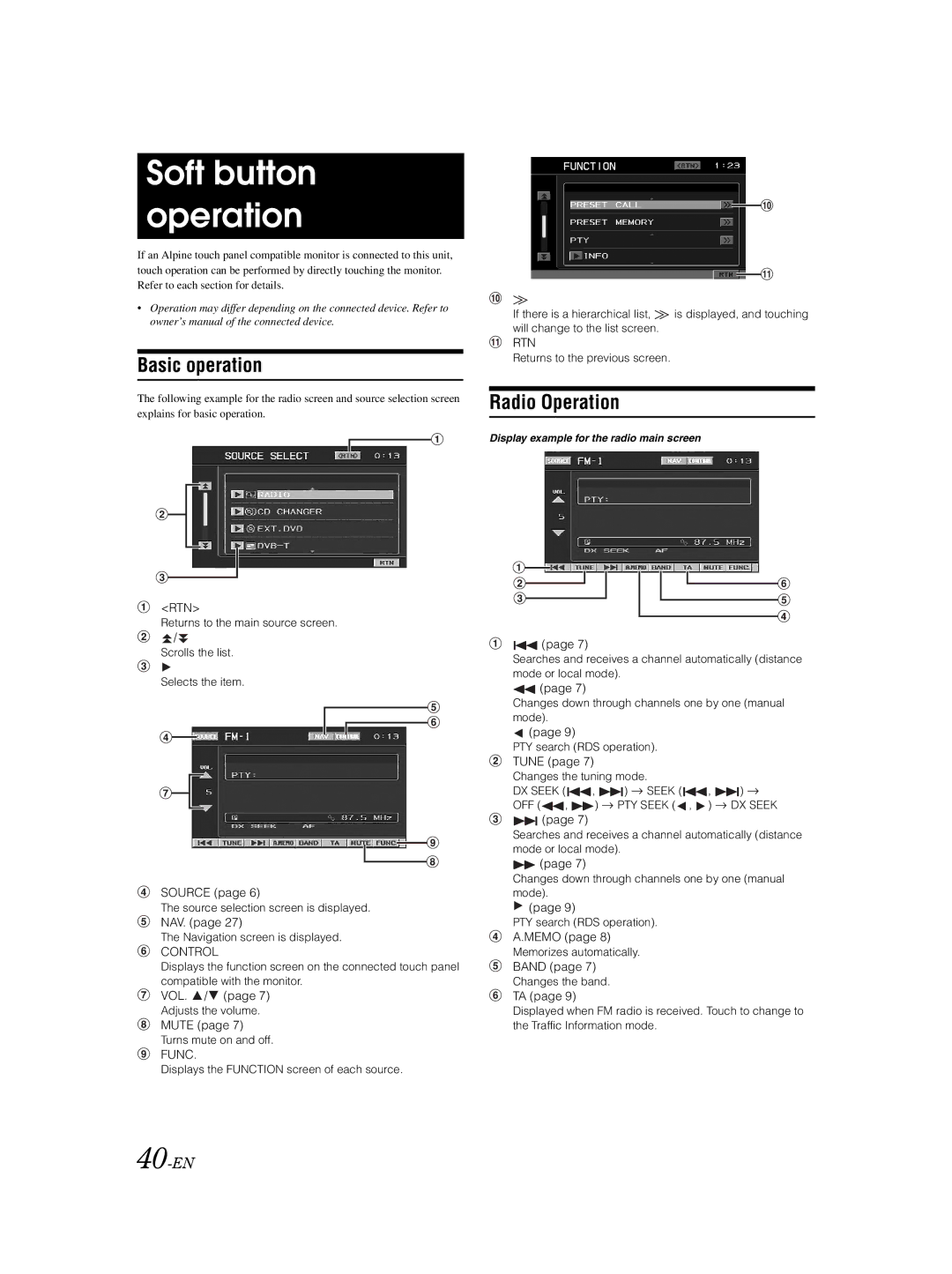 Alpine VPA-B222R owner manual Soft button operation, Basic operation, Radio Operation, 40-EN 