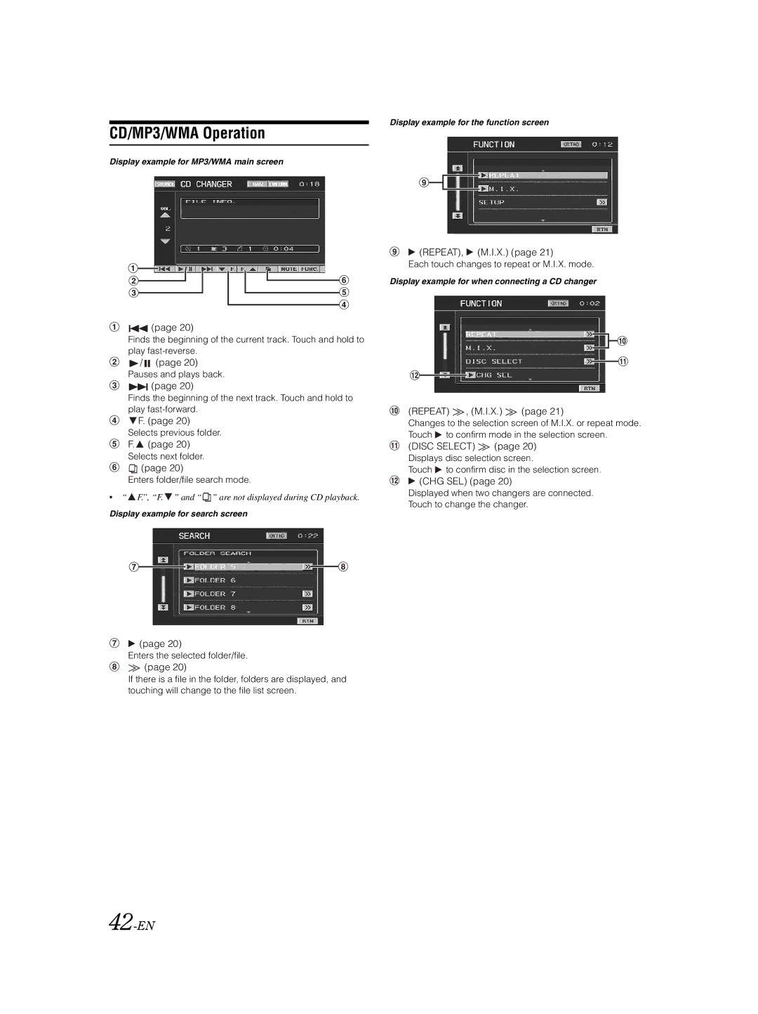 Alpine VPA-B222R owner manual CD/MP3/WMA Operation, 42-EN, Each touch changes to repeat or M.I.X. mode 