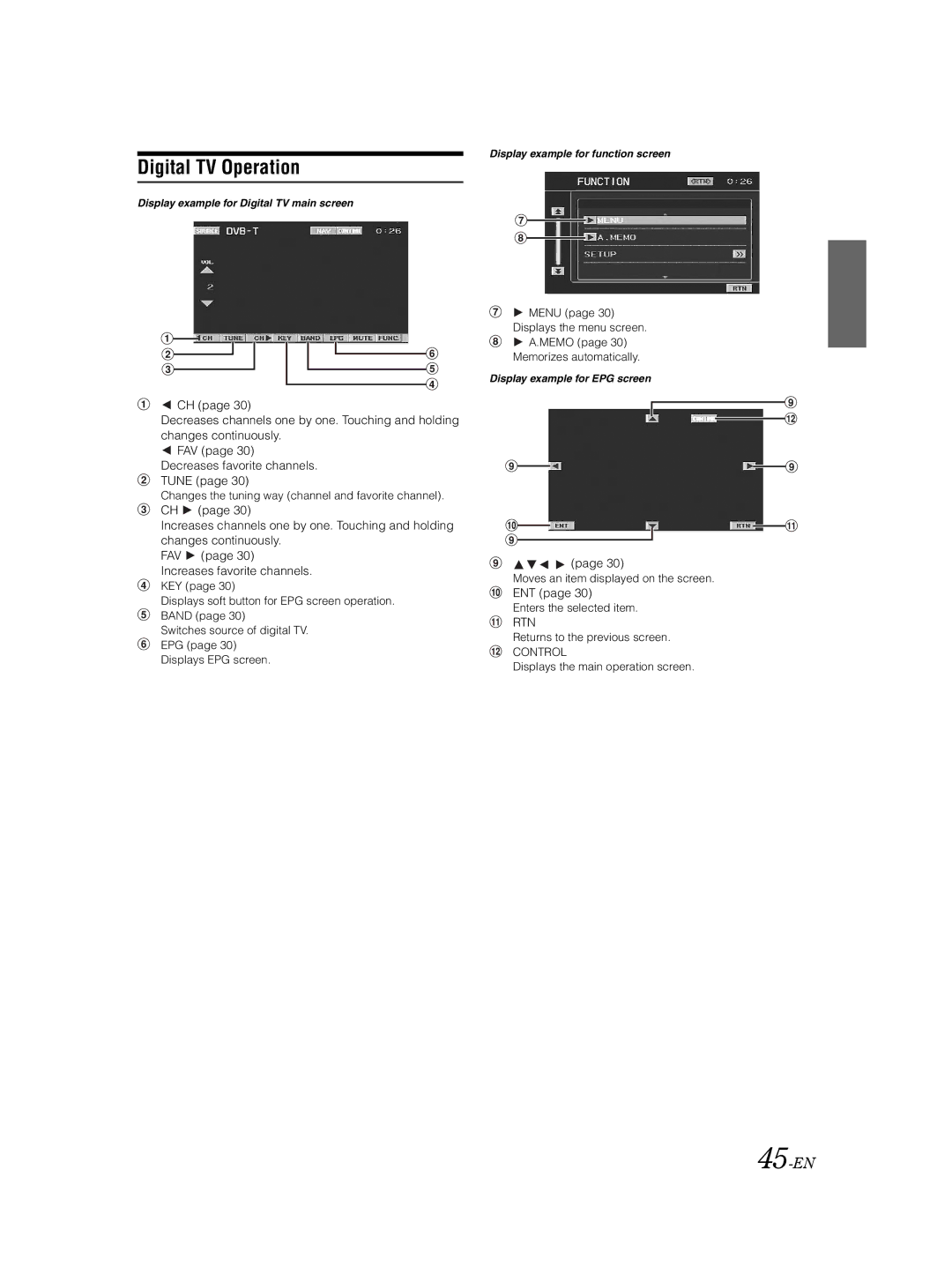 Alpine VPA-B222R owner manual Digital TV Operation, 45-EN, Changes the tuning way channel and favorite channel 