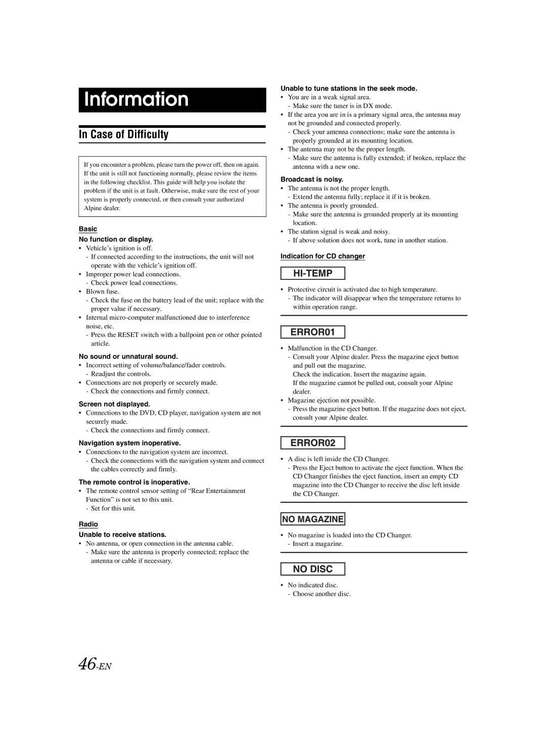 Alpine VPA-B222R owner manual Information, Case of Difficulty, 46-EN 