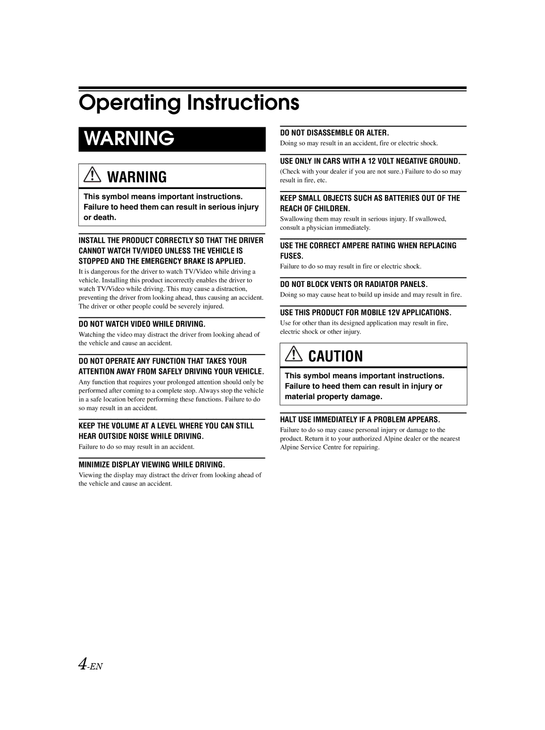 Alpine VPA-B222R Doing so may result in an accident, fire or electric shock, Failure to do so may result in an accident 