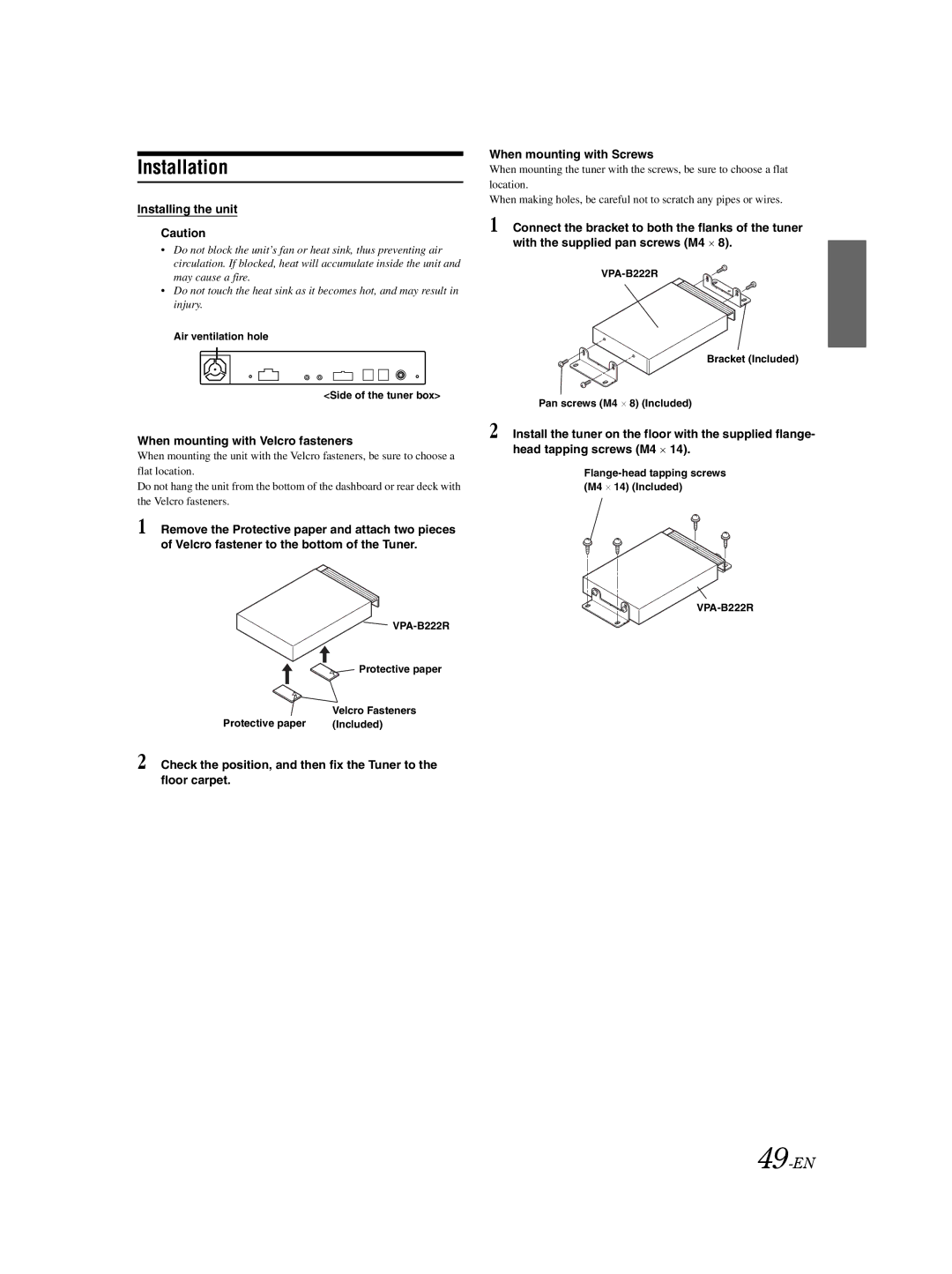 Alpine VPA-B222R owner manual Installation, 49-EN, Installing the unit, When mounting with Velcro fasteners 