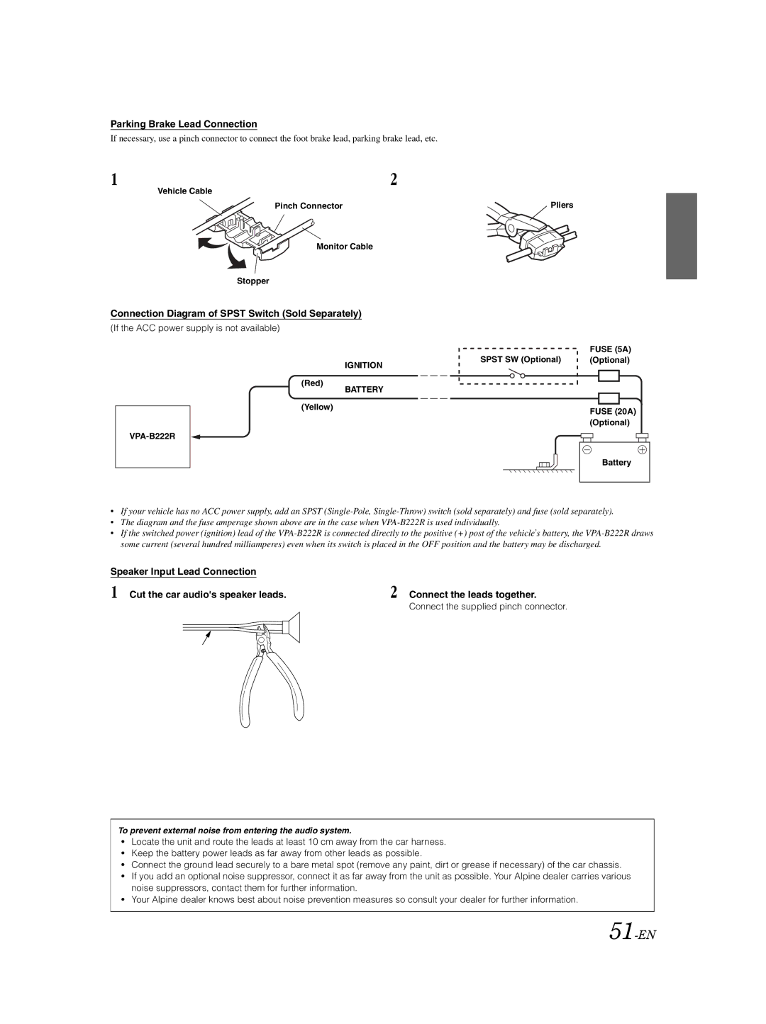 Alpine VPA-B222R owner manual 51-EN, Parking Brake Lead Connection, Connection Diagram of Spst Switch Sold Separately 