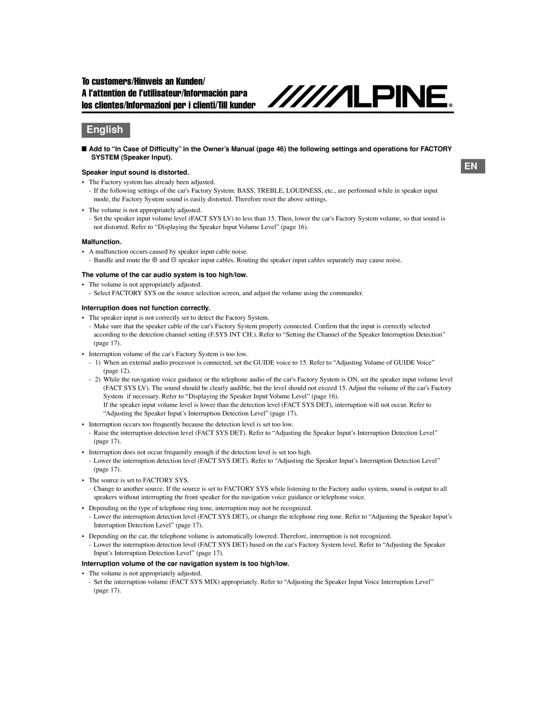 Alpine VPA-B222R owner manual System Speaker Input Speaker input sound is distorted, Malfunction 