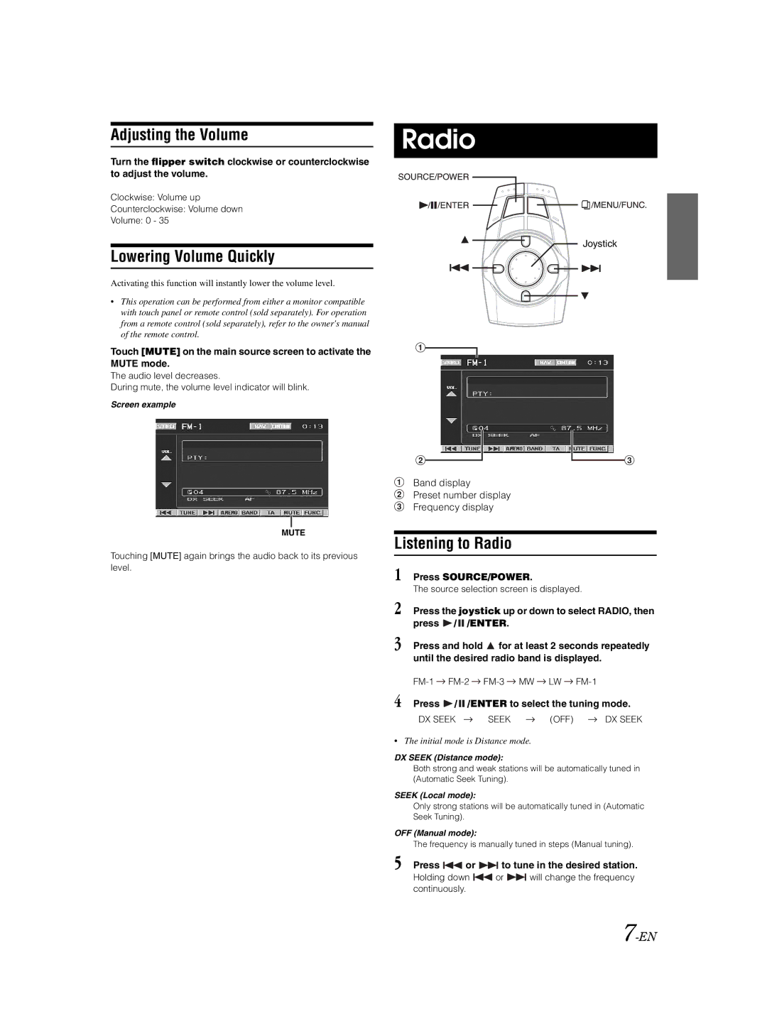 Alpine VPA-B222R owner manual Adjusting the Volume, Lowering Volume Quickly, Listening to Radio 