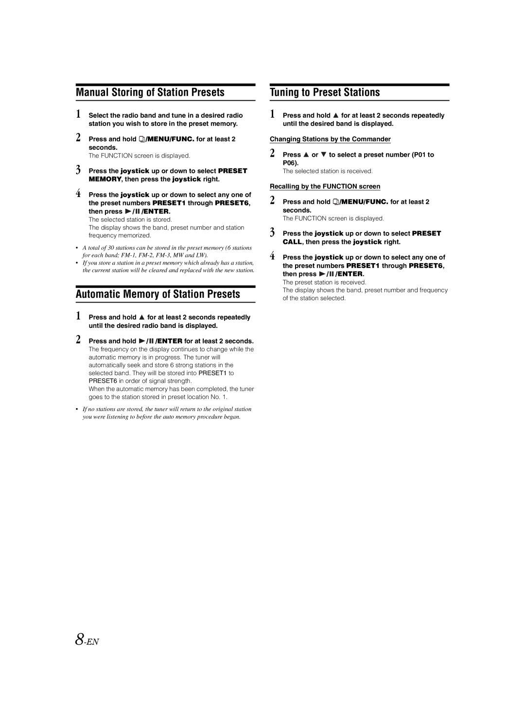 Alpine VPA-B222R Manual Storing of Station Presets, Automatic Memory of Station Presets, Tuning to Preset Stations 