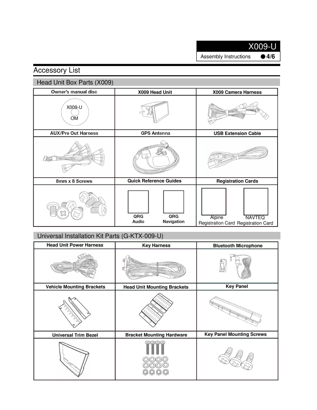 Alpine X009-U manual Accessory List, Head Unit Box Parts 