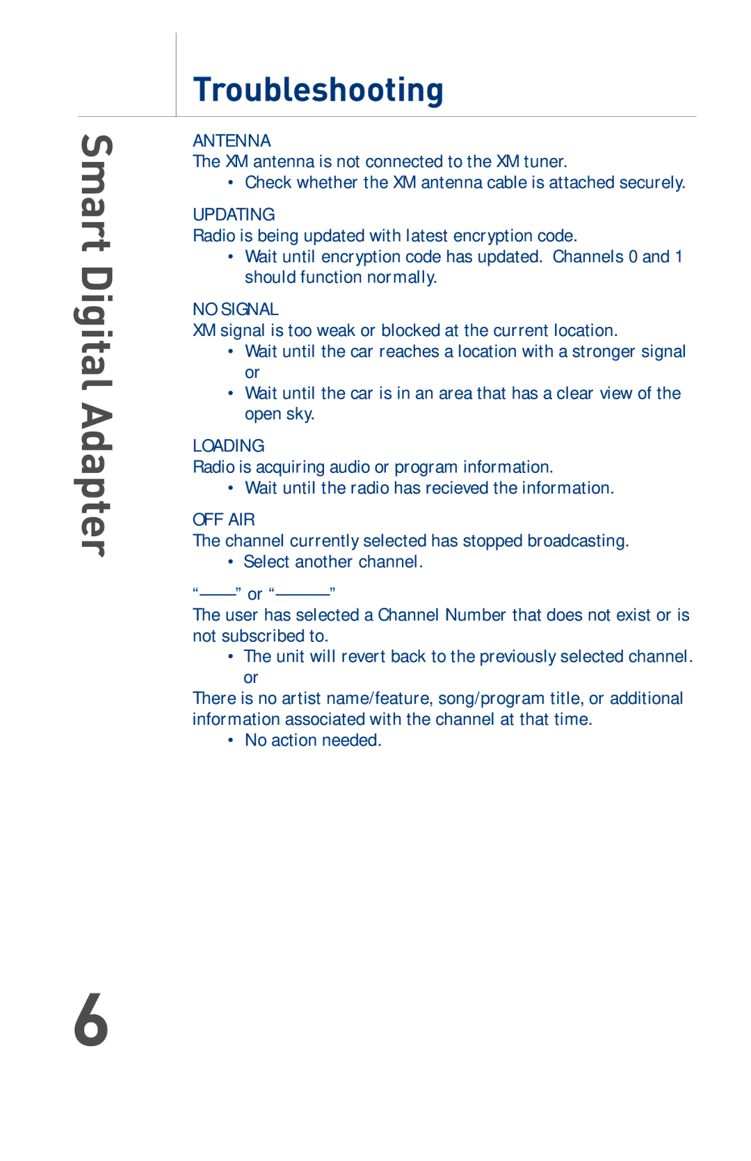 Alpine XMDALP100 warranty Troubleshooting, Antenna 