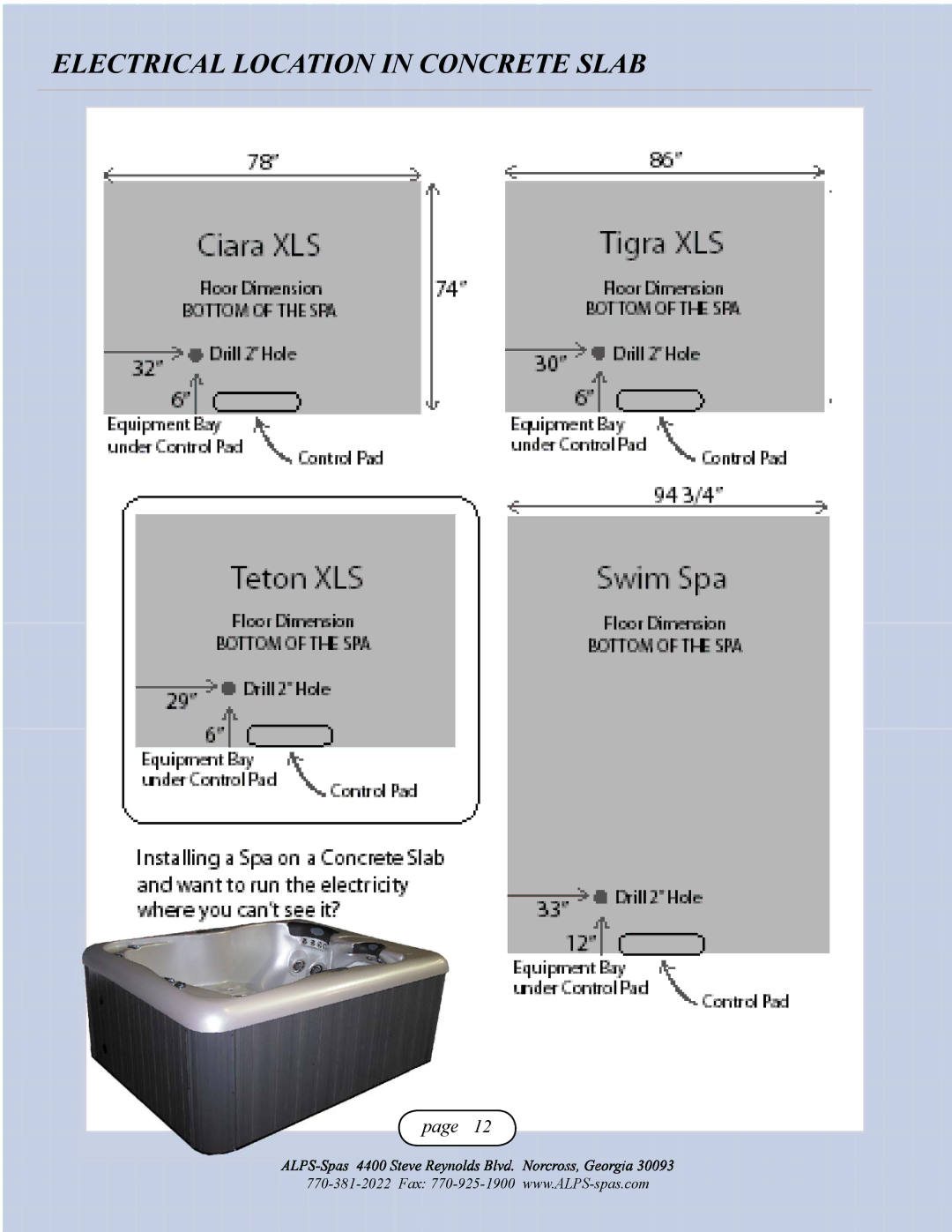 Alps Electric Ciara XLS, Teton XLS, Tigra XLS owner manual Electrical Location in Concrete Slab 