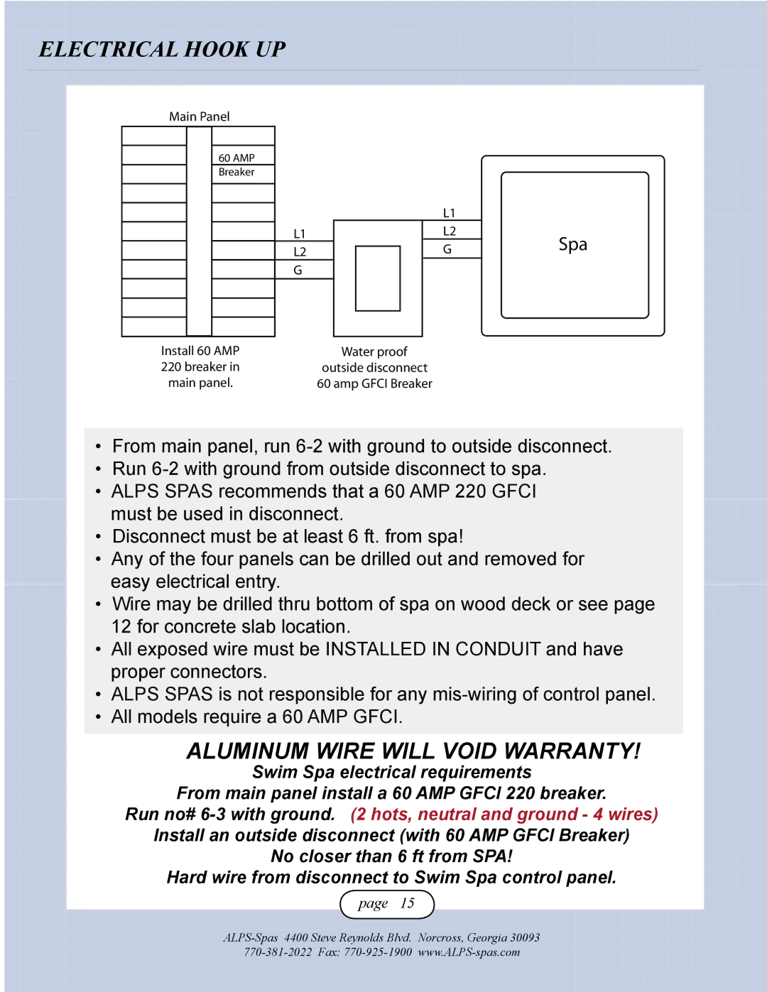 Alps Electric Ciara XLS, Teton XLS, Tigra XLS owner manual Electrical Hook UP, Aluminum Wire will Void Warranty 