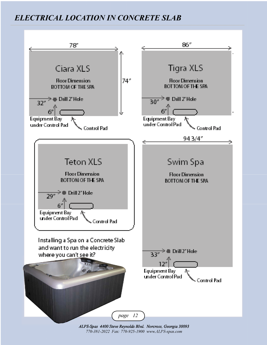 Alps Electric Ciara XLS, Teton XLS, Tigra XLS owner manual Electrical Location In Concrete Slab, page 