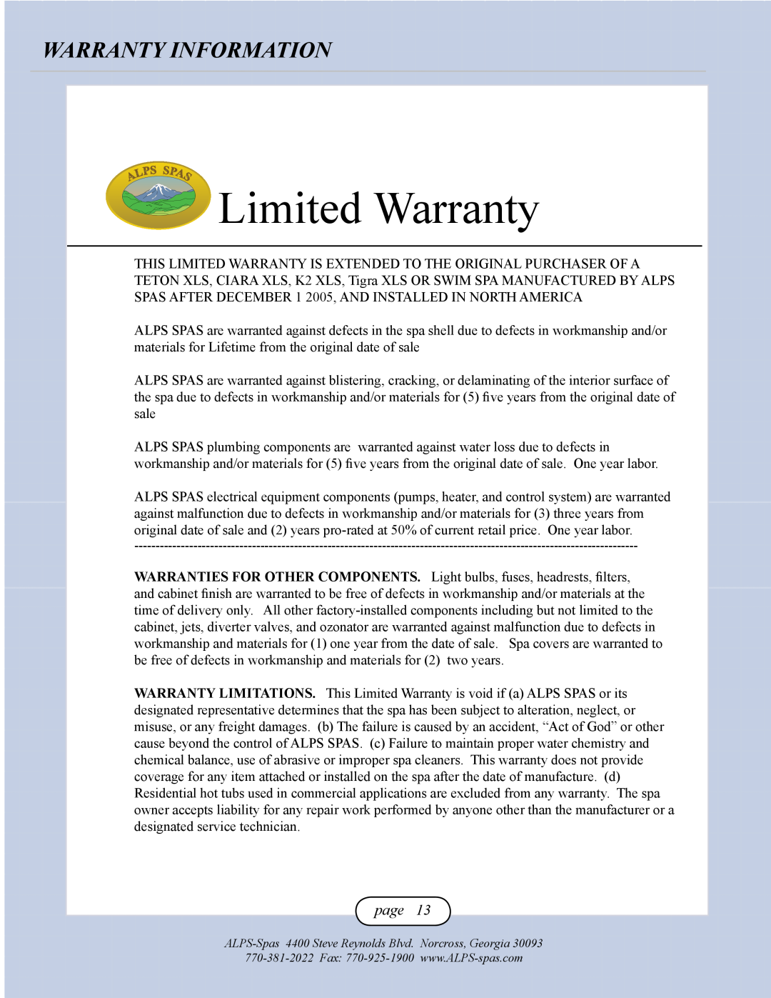 Alps Electric Teton XLS, Ciara XLS, Tigra XLS owner manual Warranty Information, Limited Warranty, page 