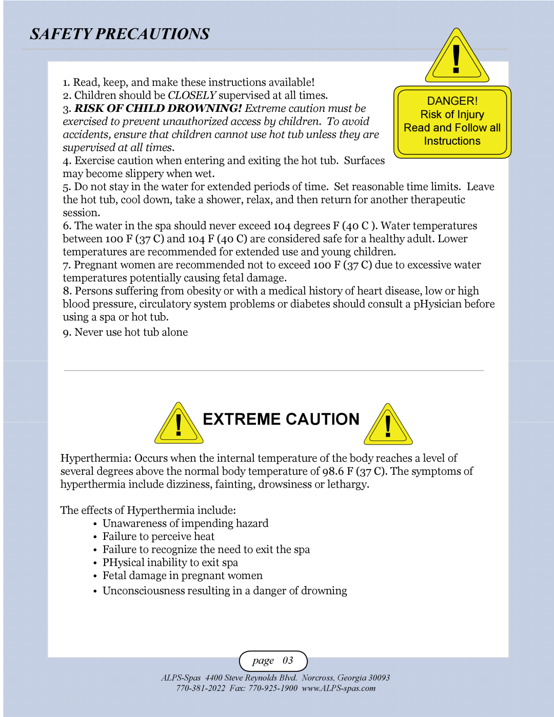 Alps Electric Ciara XLS, Teton XLS, Tigra XLS owner manual Safety Precautions, Extreme Caution, page 
