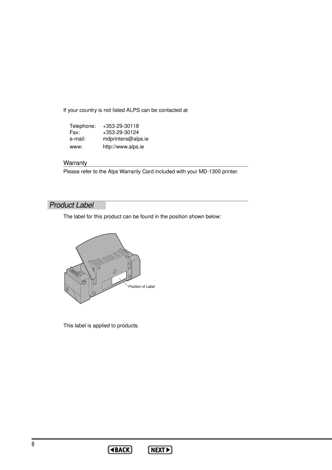 Alps Electric MD-1300 manual Product Label 