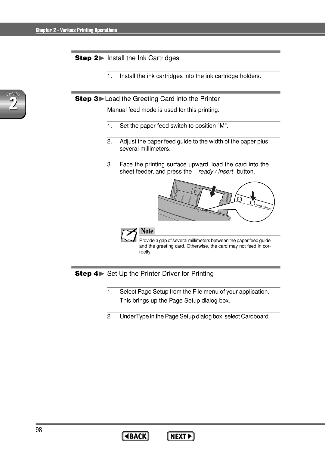 Alps Electric MD-1300 ¨Load the Greeting Card into the Printer, Install the ink cartridges into the ink cartridge holders 