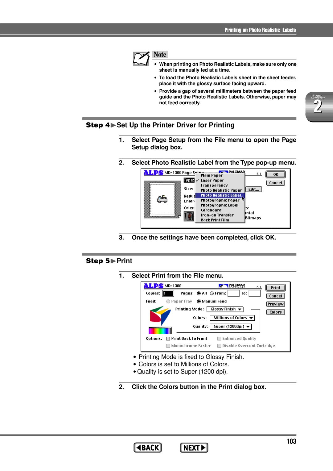 Alps Electric MD-1300 manual 103, ¨Set Up the Printer Driver for Printing, ¨Print, Select Print from the File menu 