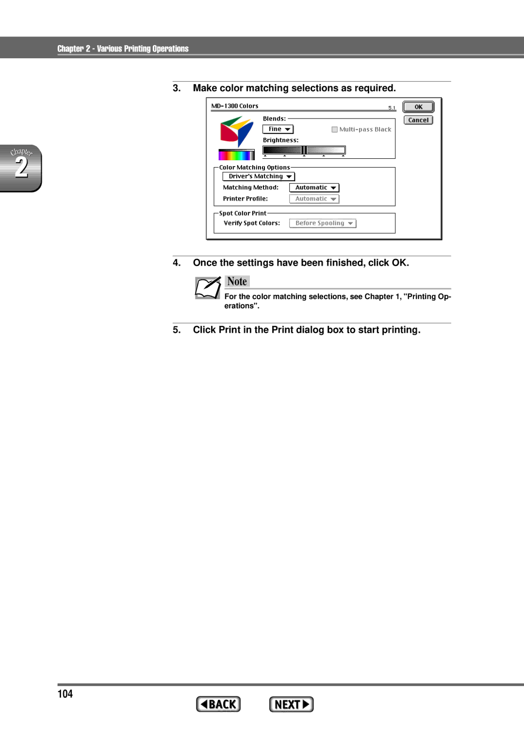 Alps Electric MD-1300 manual 104, Click Print in the Print dialog box to start printing 