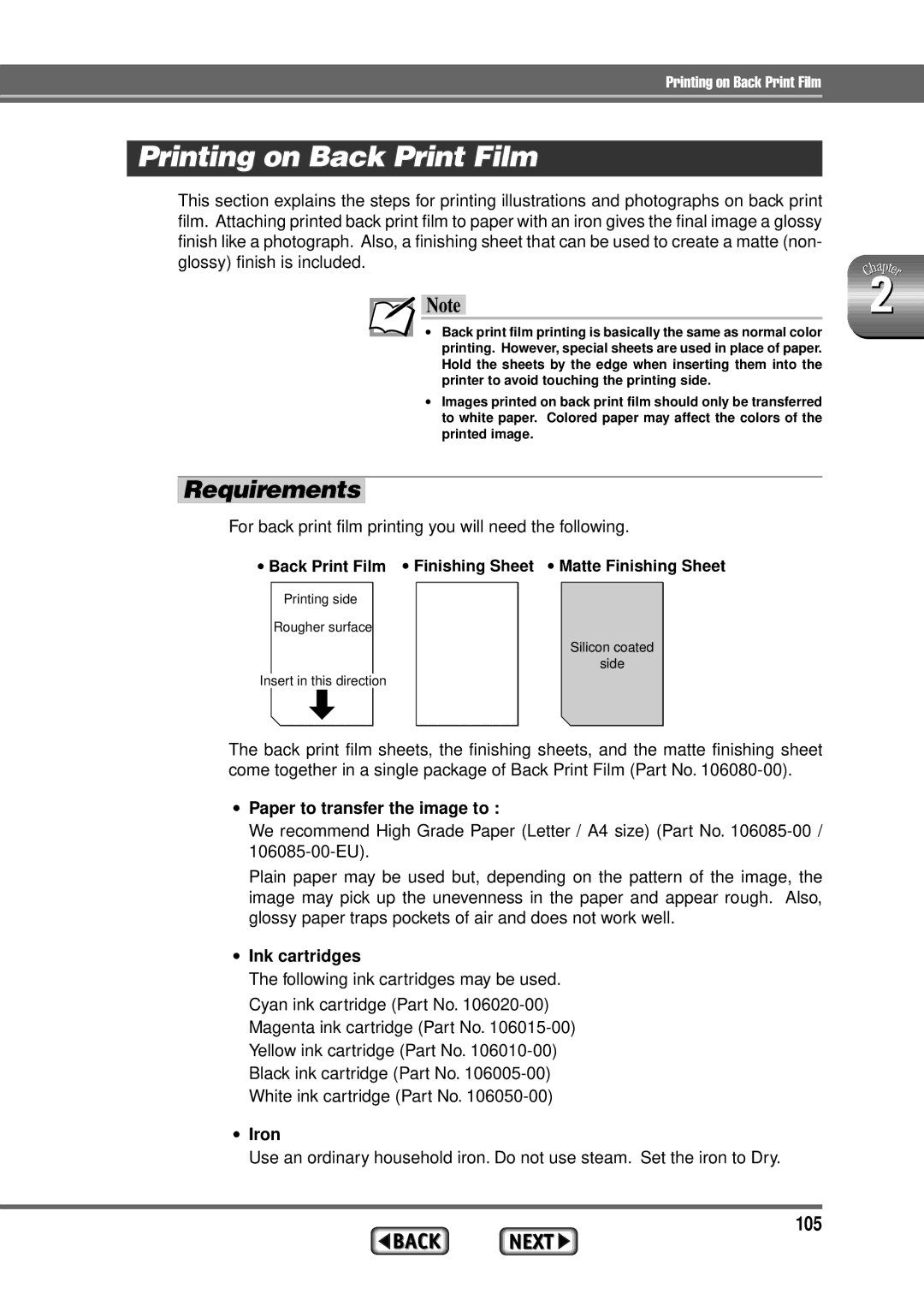 Alps Electric MD-1300 manual Printing on Back Print Film, 105, ∙ Paper to transfer the image to, ∙ Iron 