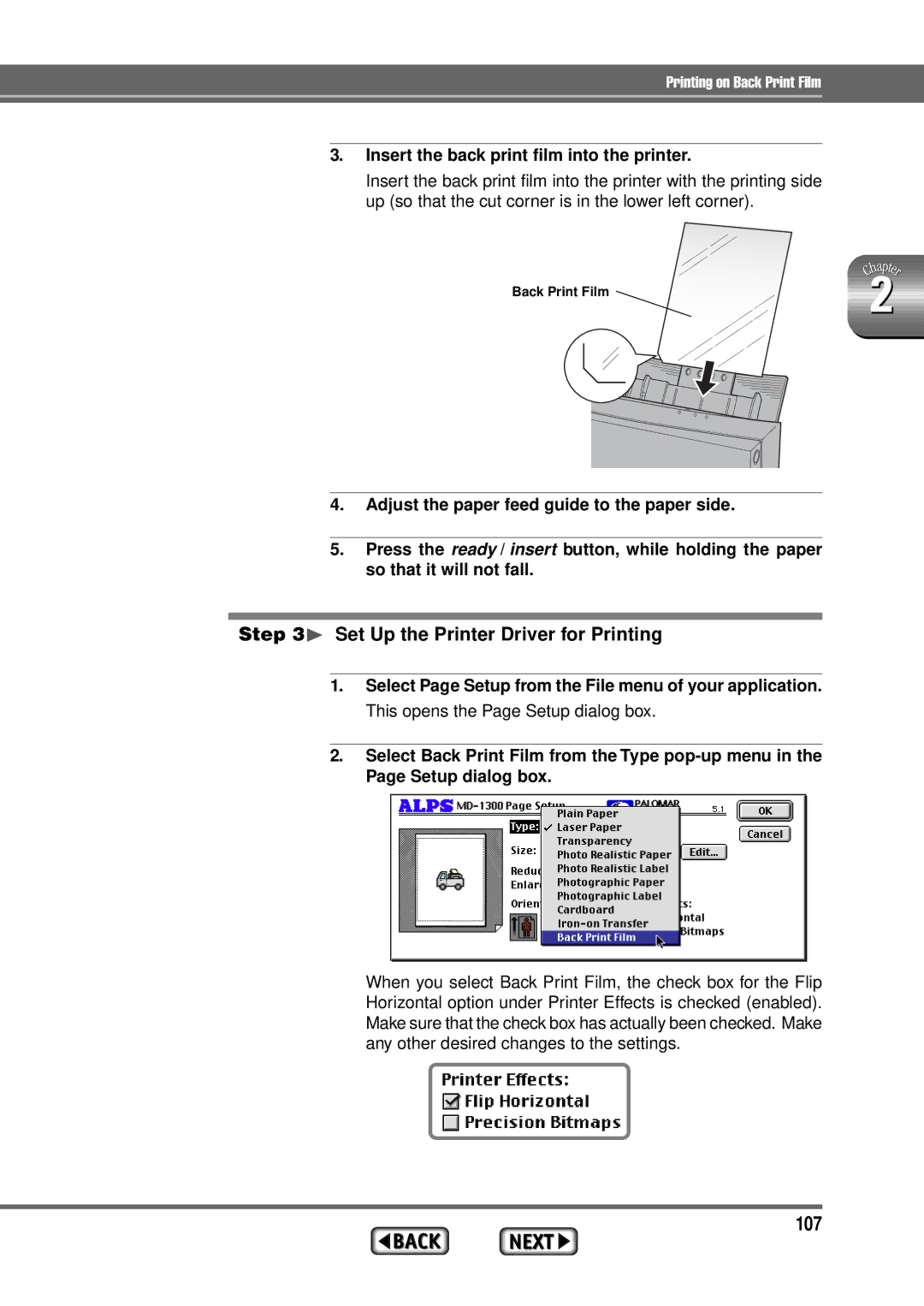 Alps Electric MD-1300 manual 107, Insert the back print film into the printer 