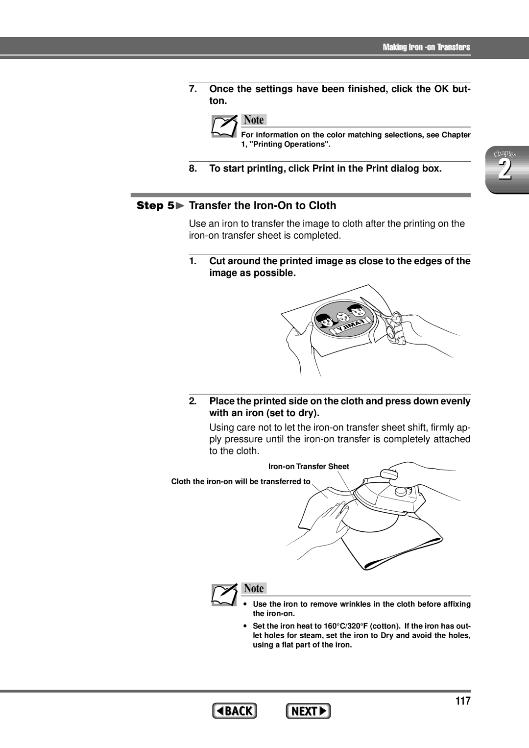 Alps Electric MD-1300 117, ¨ Transfer the Iron-On to Cloth, Once the settings have been finished, click the OK but- ton 