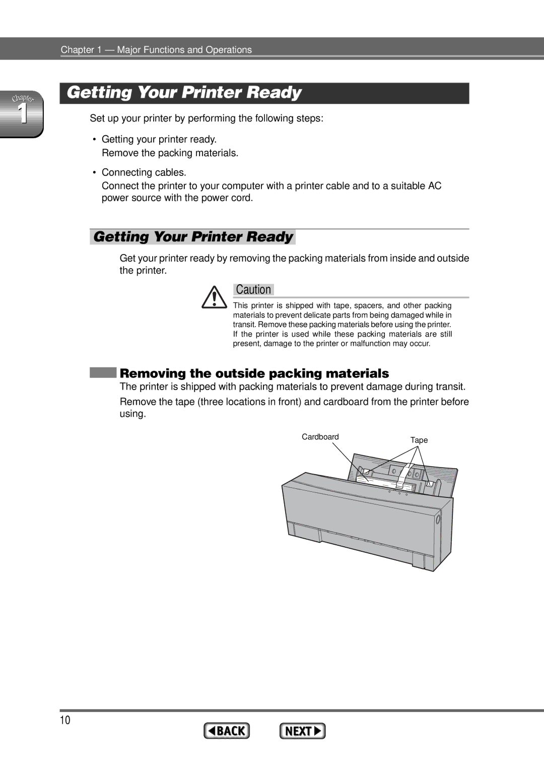 Alps Electric MD-1300 Getting Your Printer Ready, Removing the outside packing materials, Remove the packing materials 