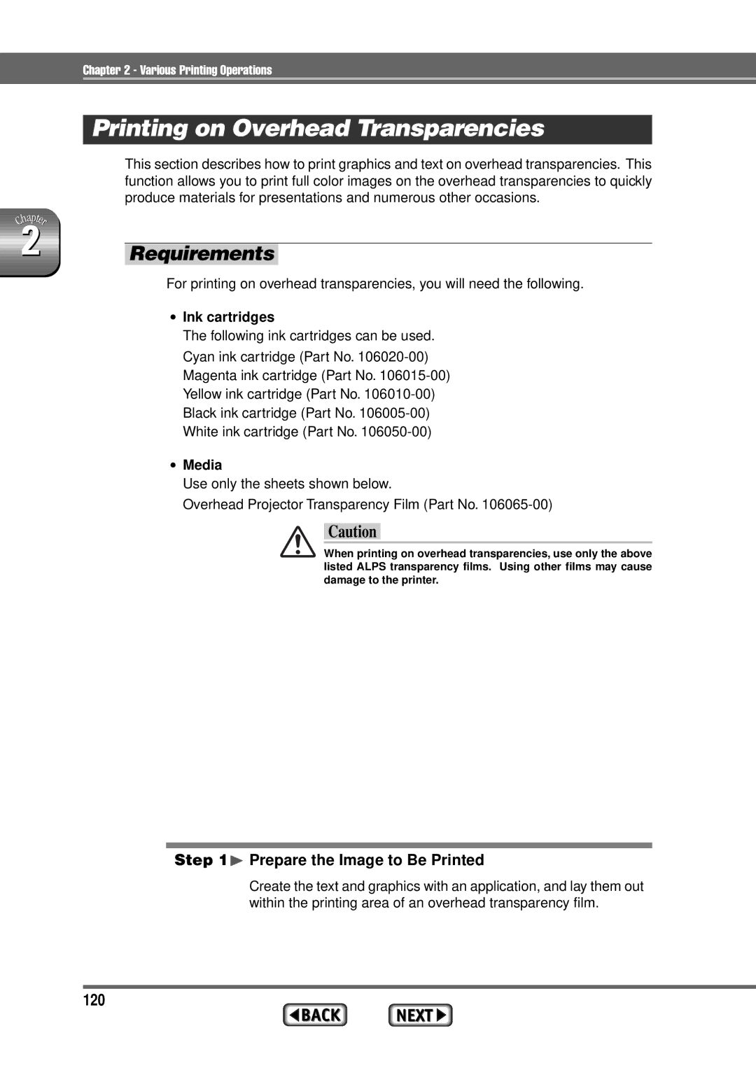 Alps Electric MD-1300 manual Printing on Overhead Transparencies, 120 