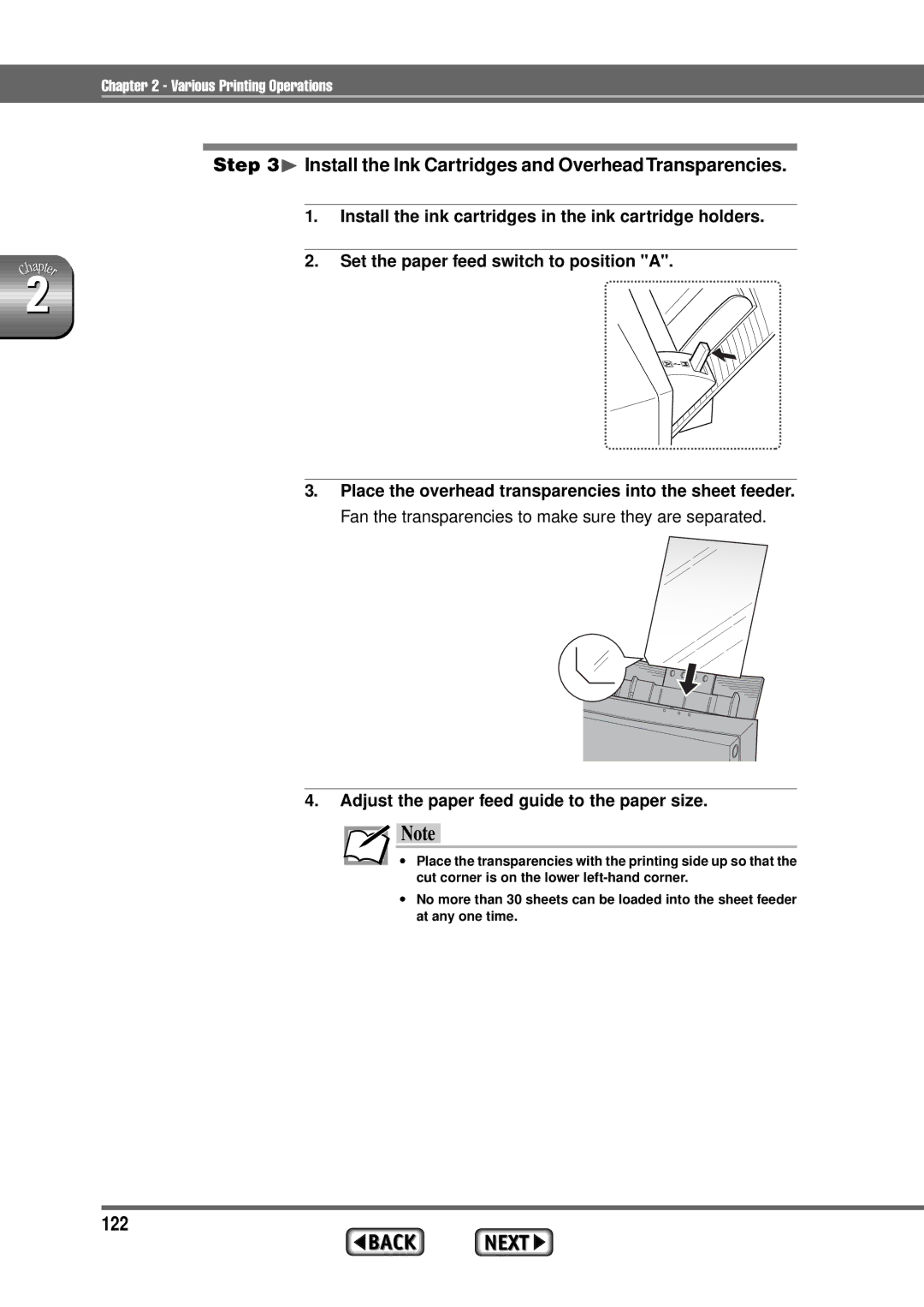 Alps Electric MD-1300 manual 122, ¨ Install the Ink Cartridges and Overhead Transparencies 