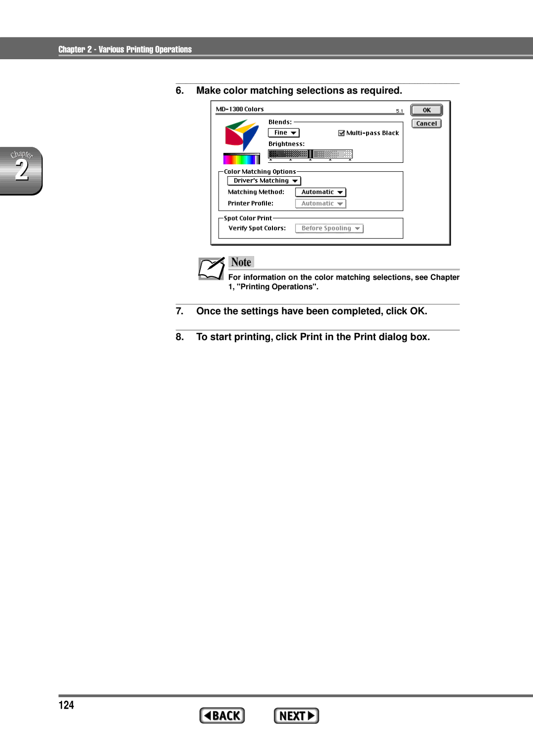 Alps Electric MD-1300 manual 124, Make color matching selections as required 