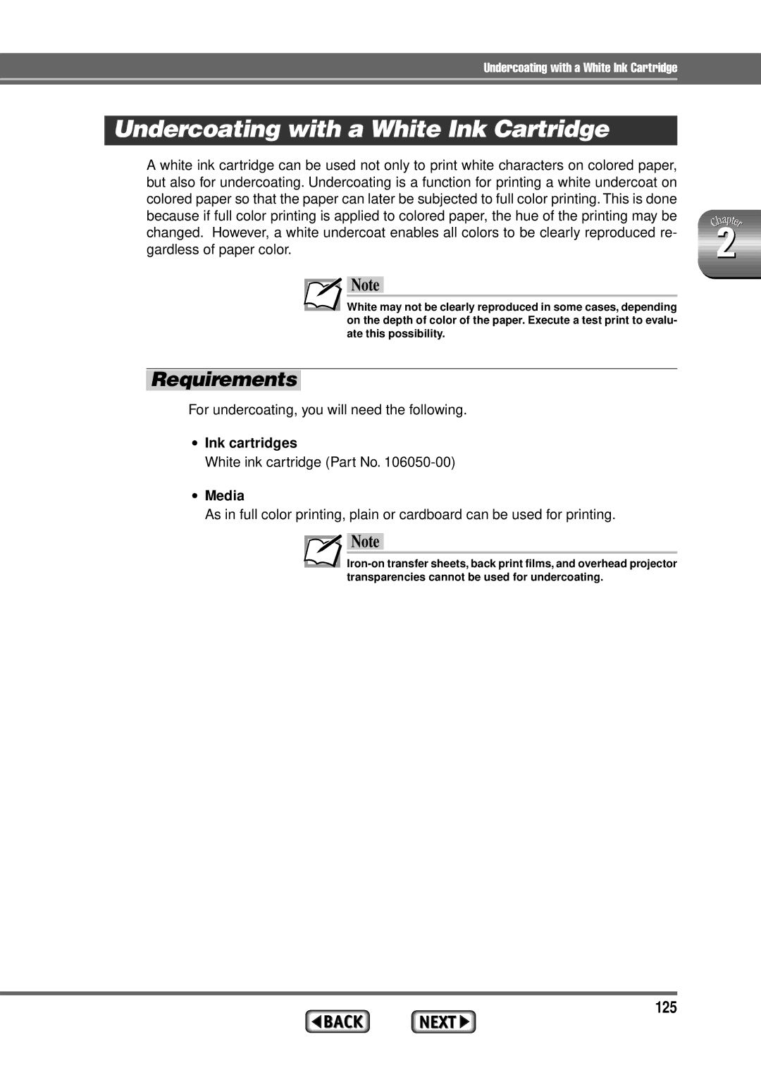 Alps Electric MD-1300 manual Undercoating with a White Ink Cartridge, 125 