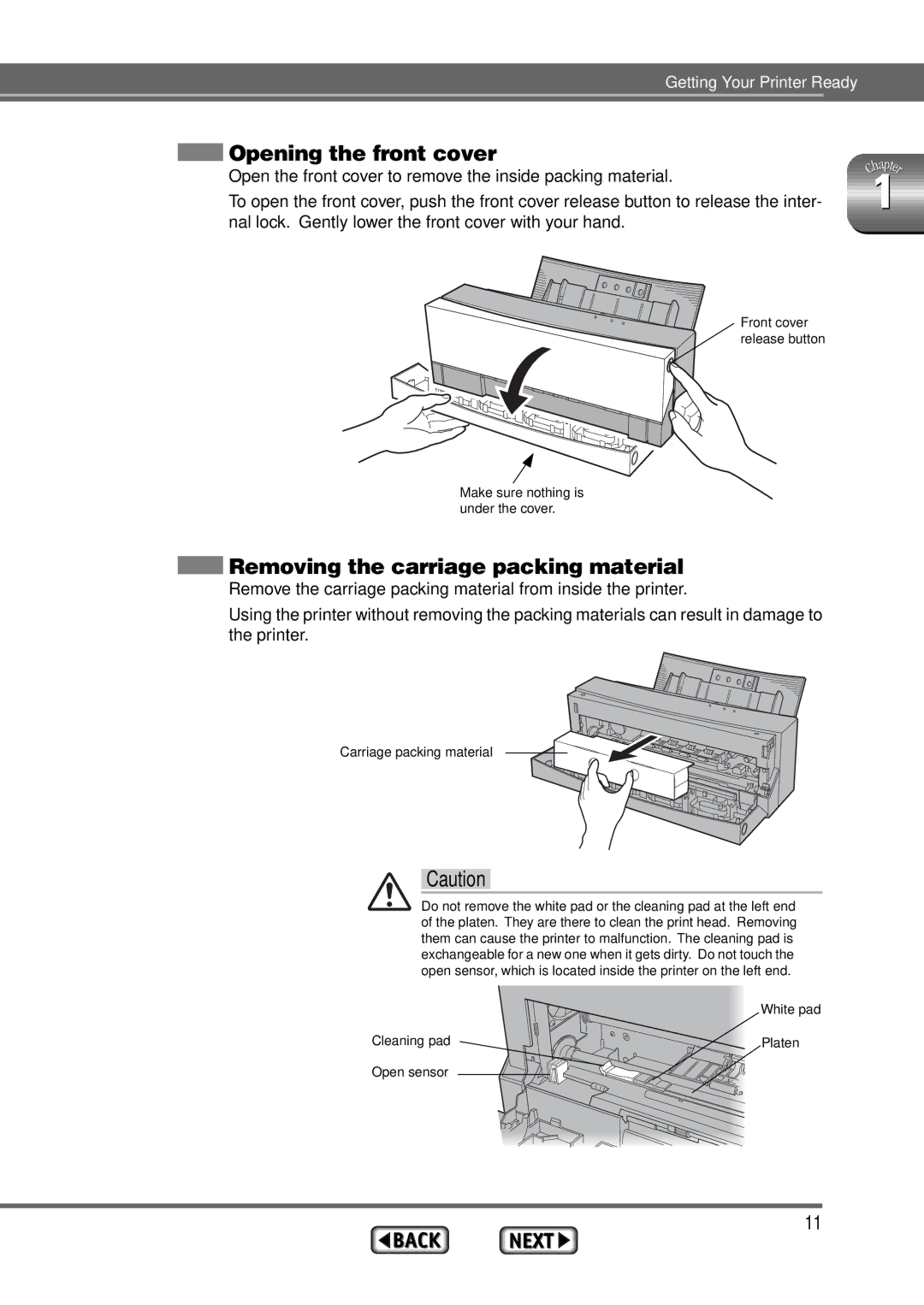 Alps Electric MD-1300 manual Opening the front cover, Removing the carriage packing material 