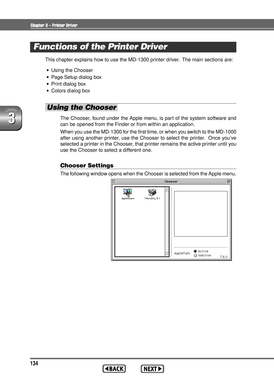 Alps Electric MD-1300 manual Functions of the Printer Driver, Using the Chooser, Chooser Settings, 134 