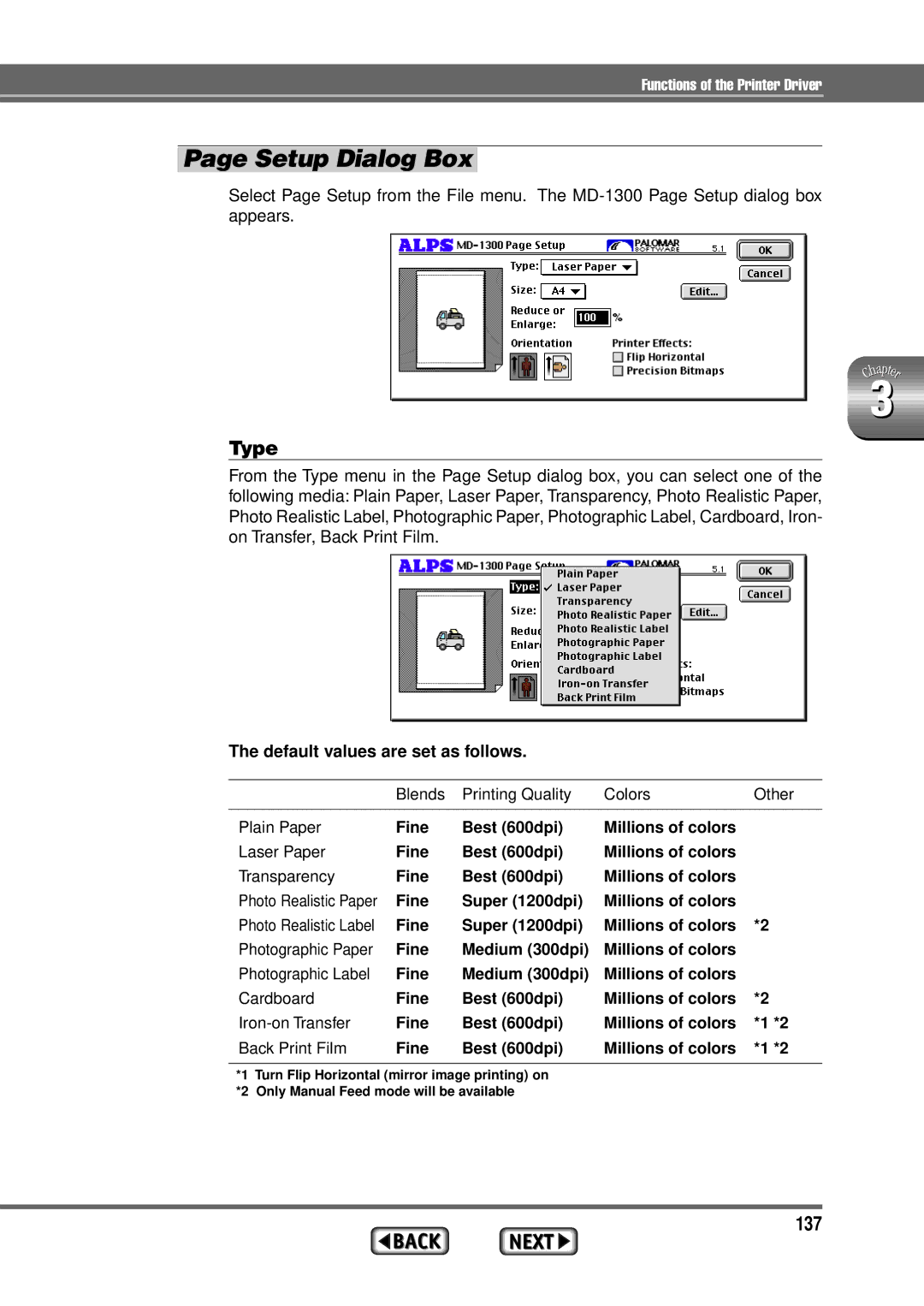 Alps Electric MD-1300 manual Setup Dialog Box, Type, 137, Default values are set as follows 