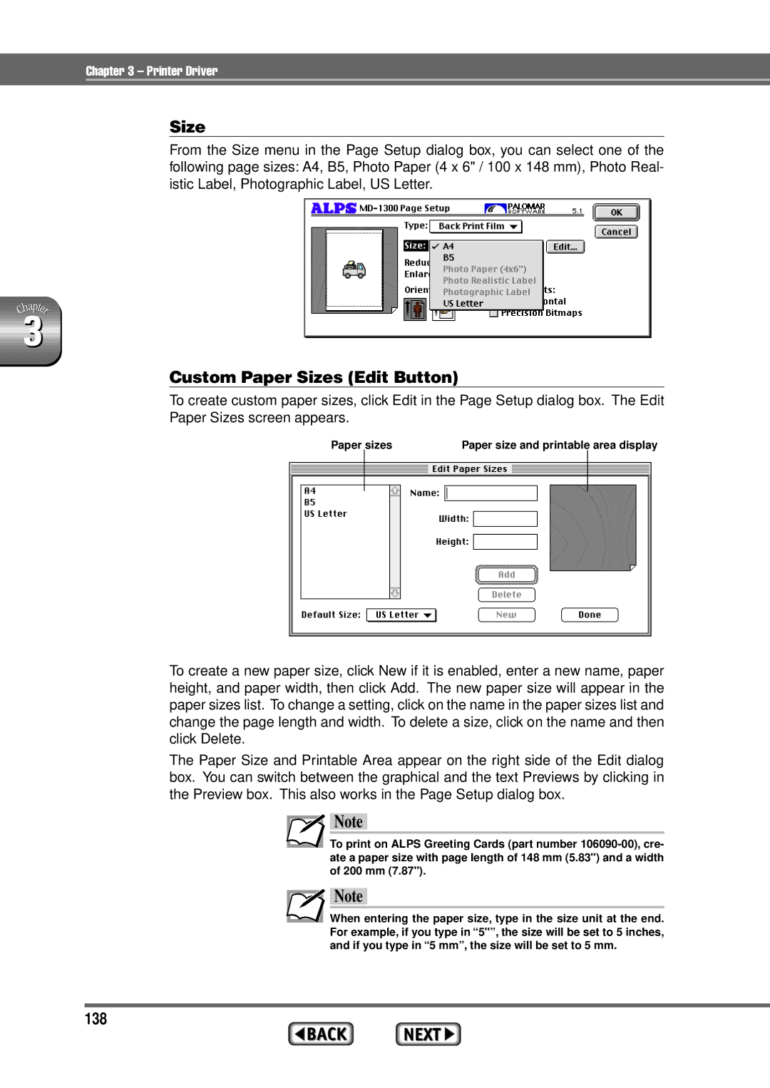 Alps Electric MD-1300 manual Custom Paper Sizes Edit Button, 138 