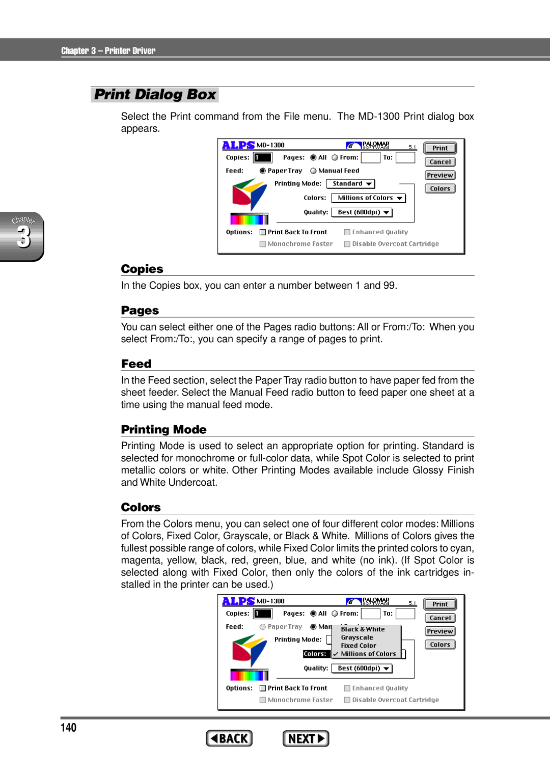 Alps Electric MD-1300 manual Print Dialog Box 