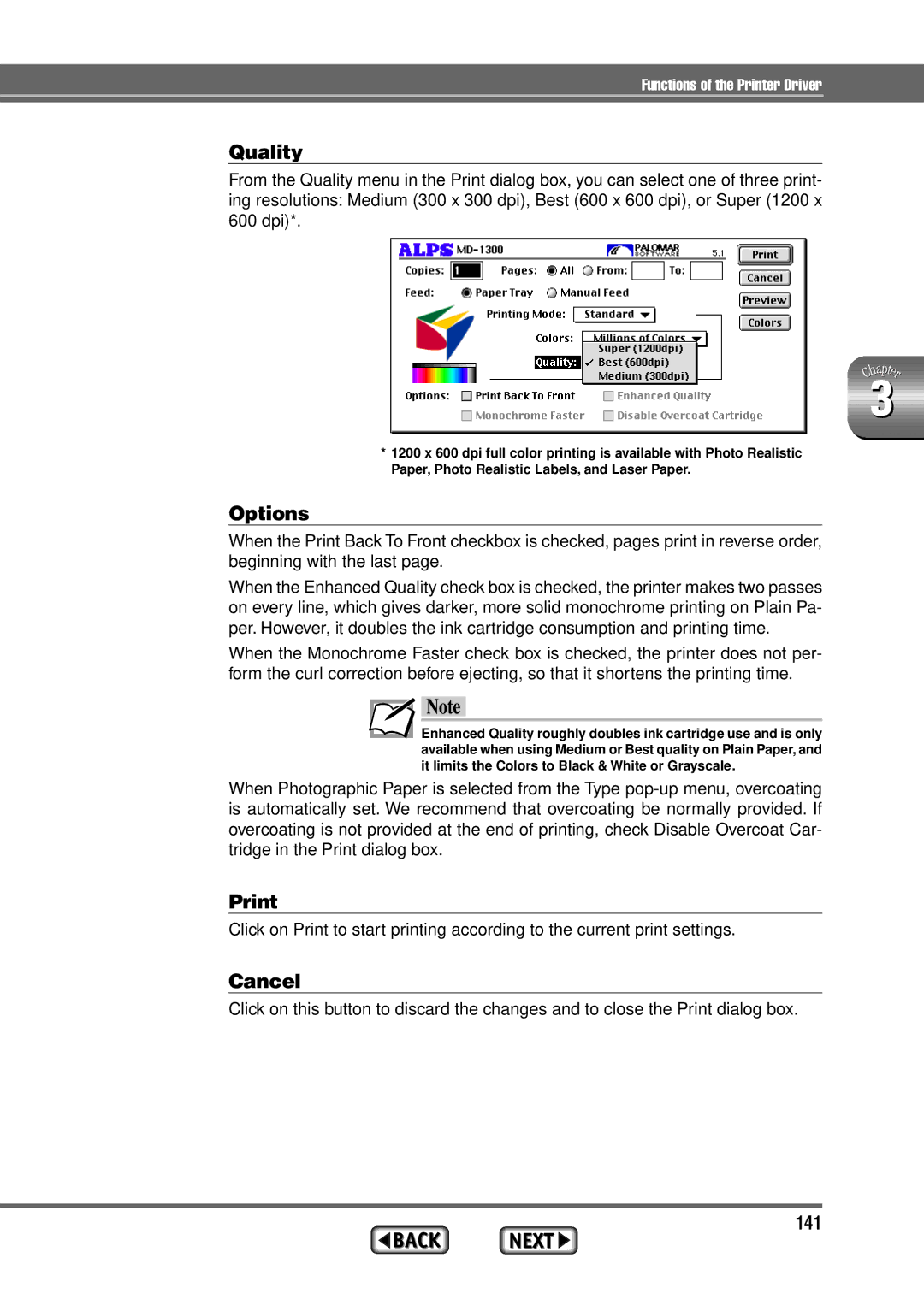 Alps Electric MD-1300 manual Quality, Options, Print, Cancel, 141 