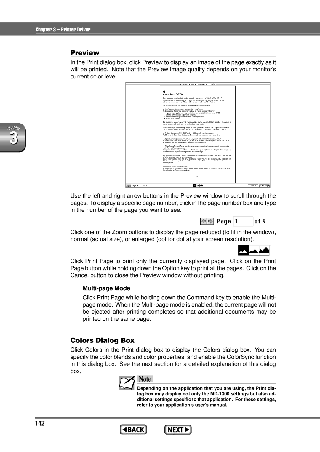 Alps Electric MD-1300 manual Preview, Colors Dialog Box, 142, Multi-page Mode 