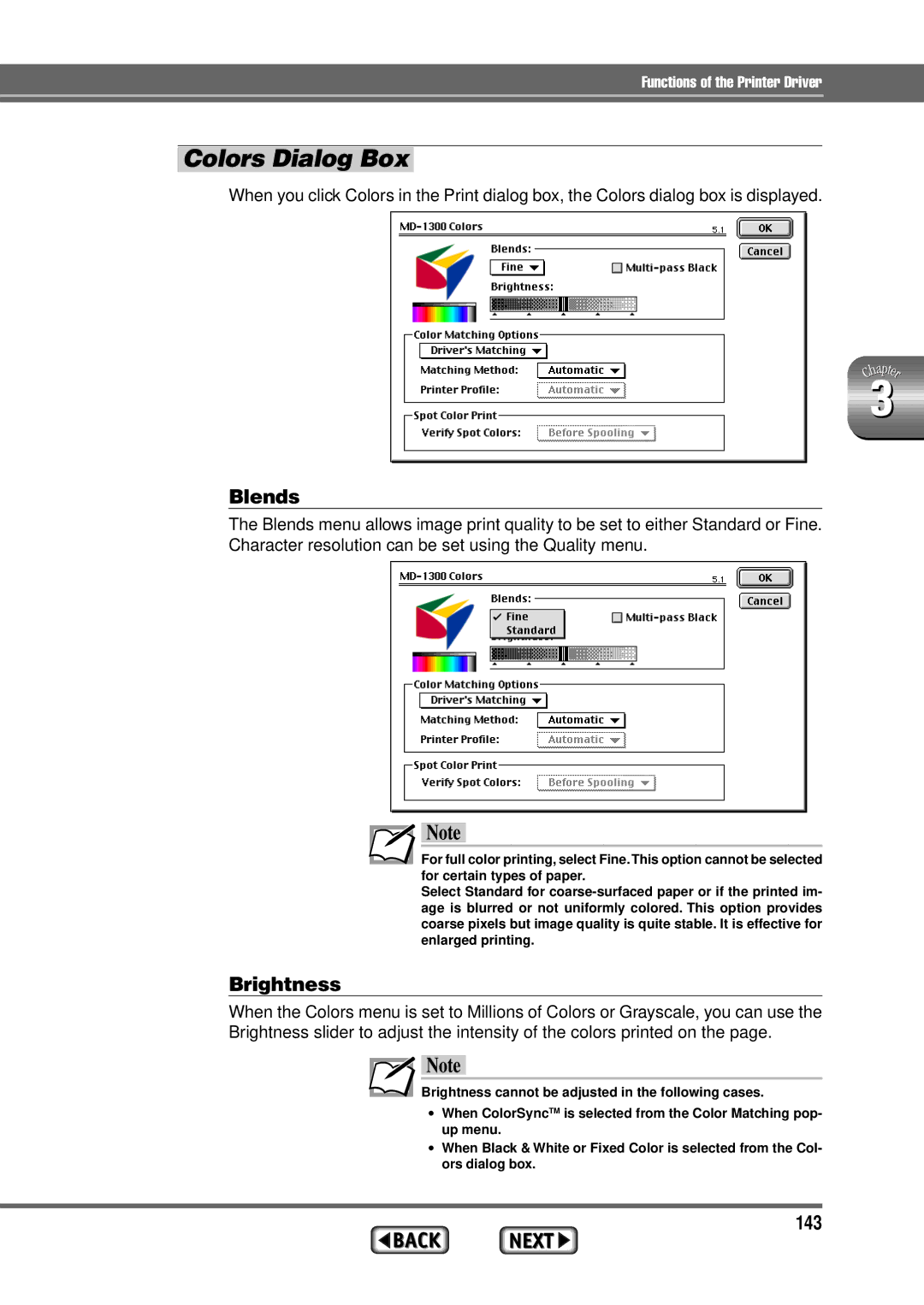 Alps Electric MD-1300 manual Colors Dialog Box, Blends, Brightness, 143 