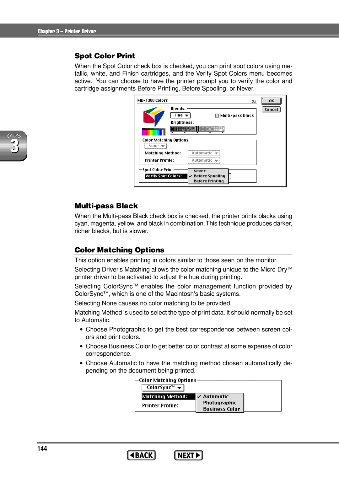 Alps Electric MD-1300 manual Spot Color Print, Multi-pass Black, Color Matching Options, 144 