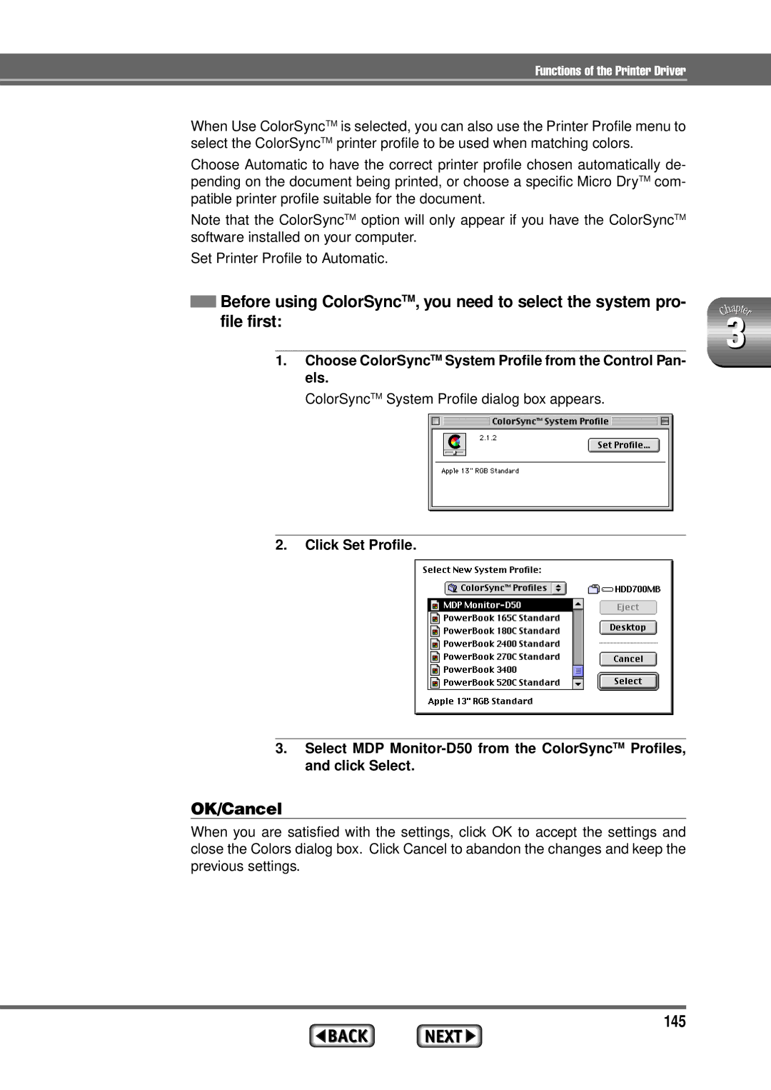 Alps Electric MD-1300 manual 145, Choose ColorSyncTM System Profile from the Control Pan- els 