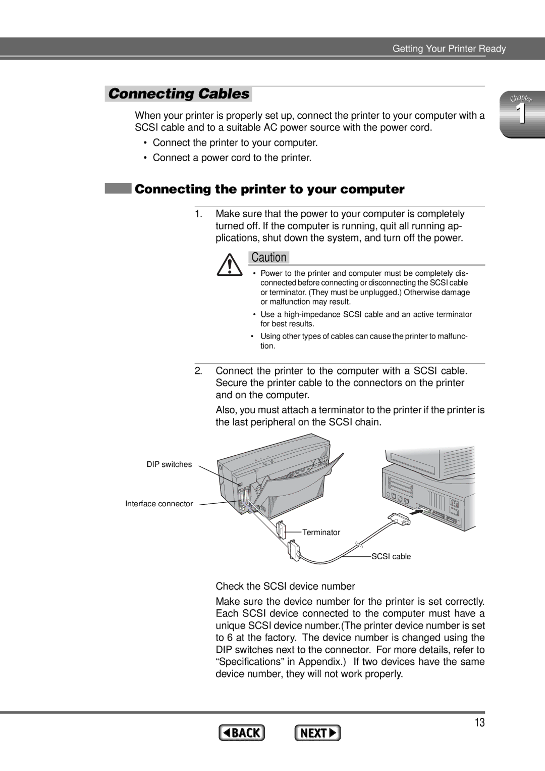 Alps Electric MD-1300 manual Connecting Cables, Connecting the printer to your computer, Check the Scsi device number 