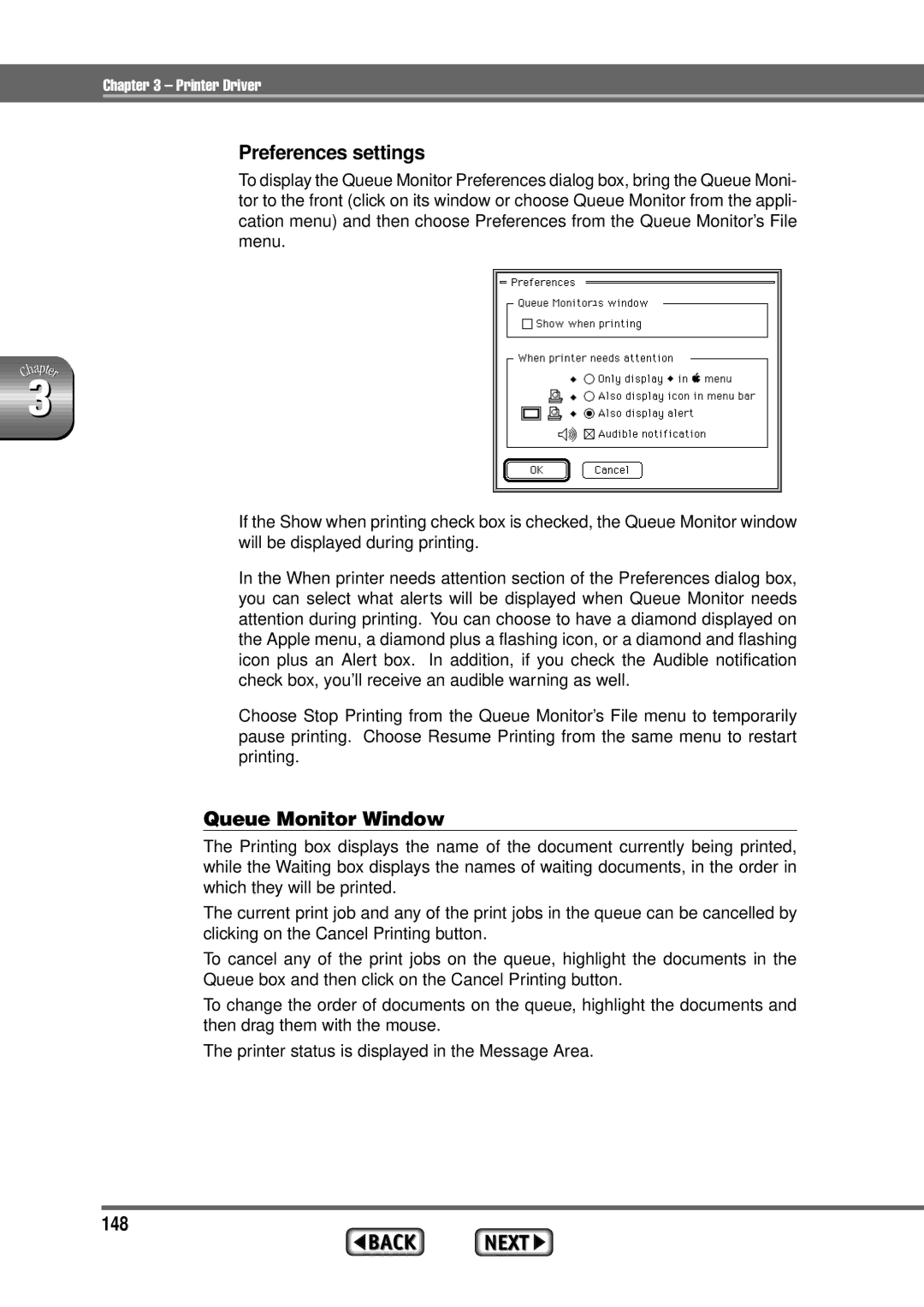 Alps Electric MD-1300 manual Preferences settings, Queue Monitor Window, 148 