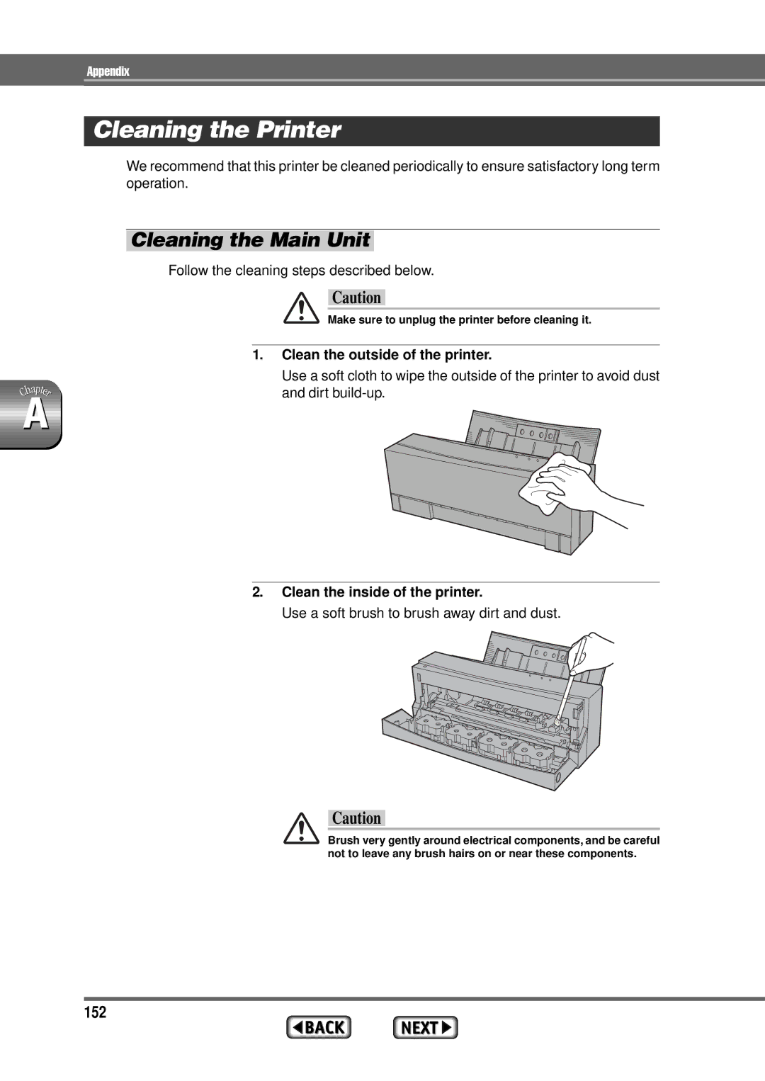 Alps Electric MD-1300 manual Cleaning the Printer, Cleaning the Main Unit, 152, Clean the outside of the printer 