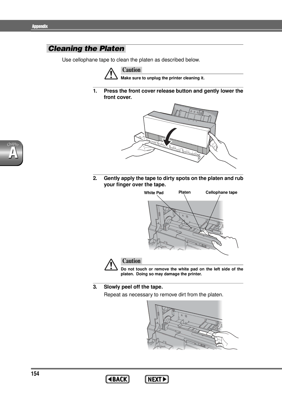 Alps Electric MD-1300 manual Cleaning the Platen, 154, Slowly peel off the tape 