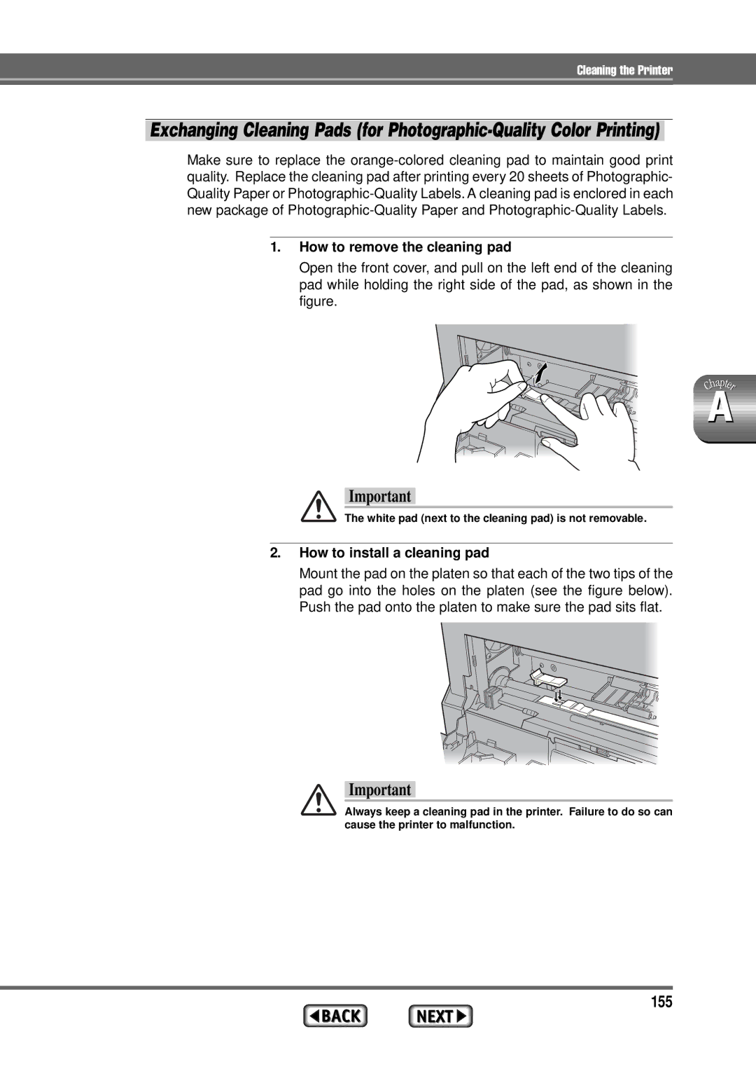 Alps Electric MD-1300 manual 155, How to remove the cleaning pad, How to install a cleaning pad 