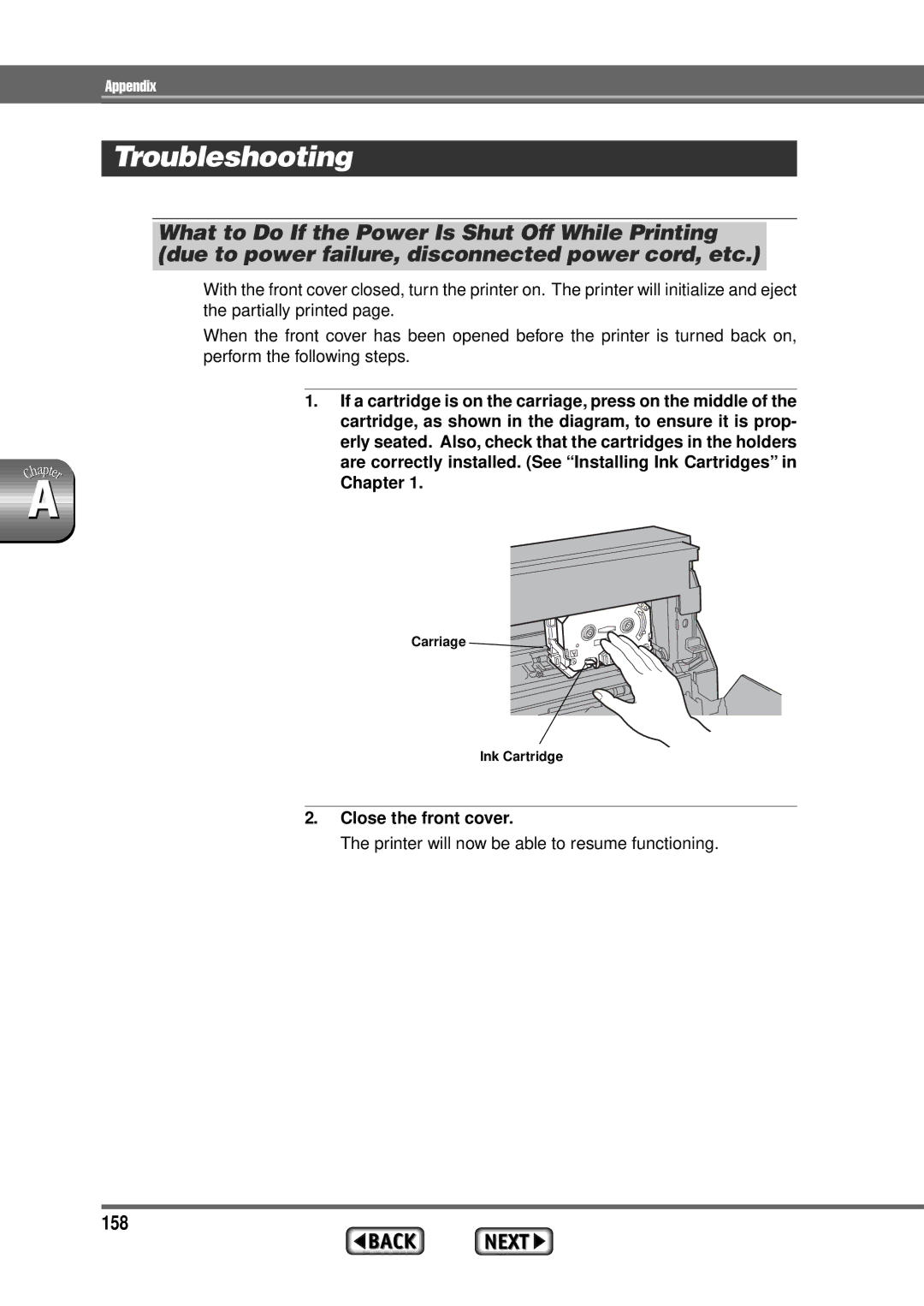 Alps Electric MD-1300 manual Troubleshooting, 158, Close the front cover 