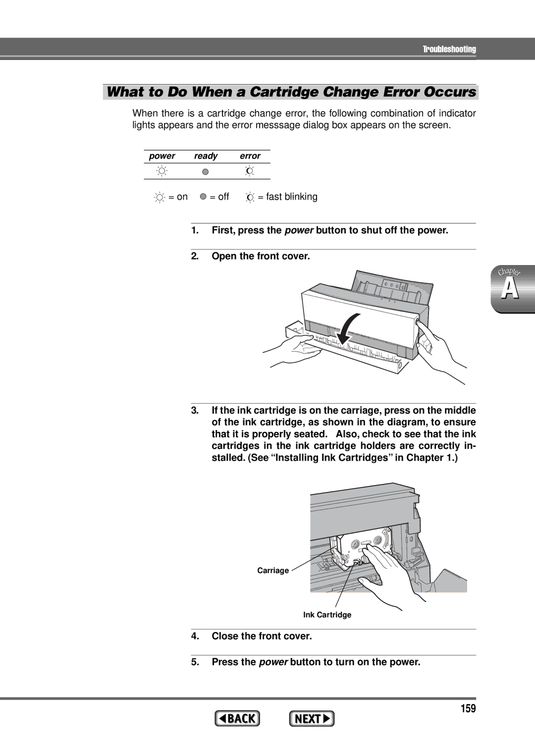 Alps Electric MD-1300 manual What to Do When a Cartridge Change Error Occurs, 159 