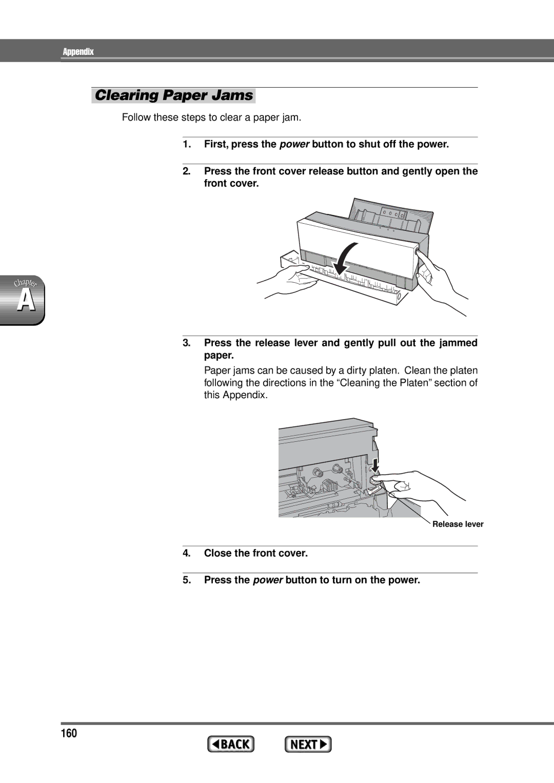 Alps Electric MD-1300 manual Clearing Paper Jams, 160 