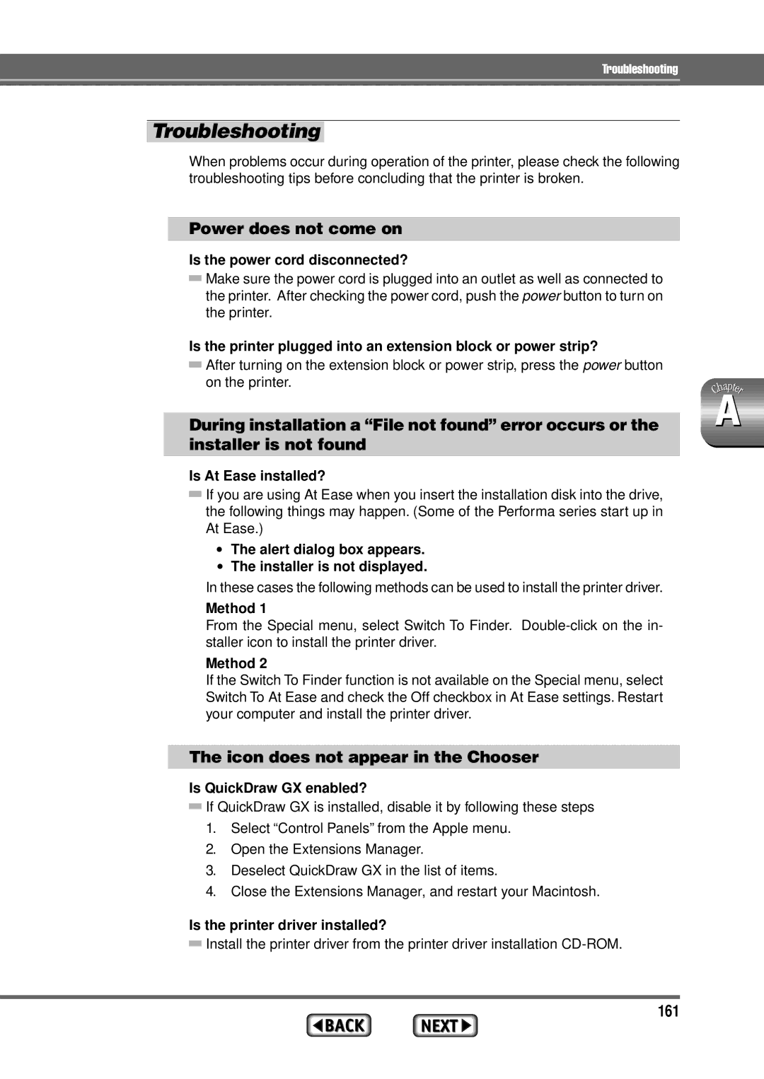 Alps Electric MD-1300 manual Troubleshooting, Power does not come on, Icon does not appear in the Chooser, 161 