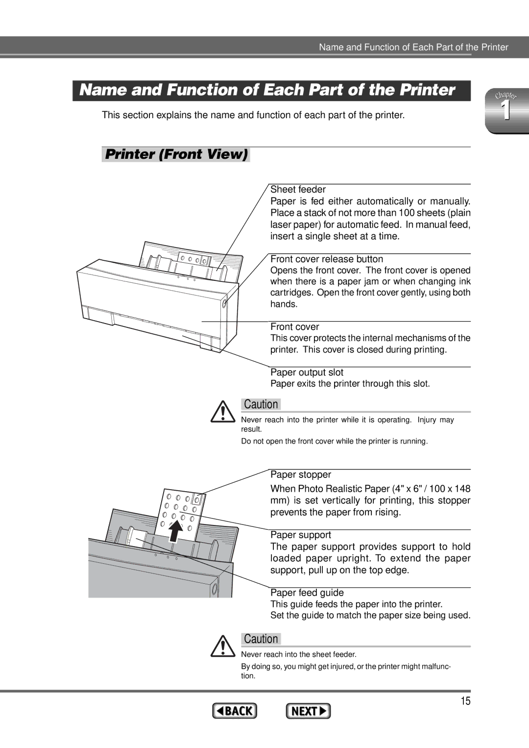 Alps Electric MD-1300 manual Name and Function of Each Part of the Printer, Printer Front View 