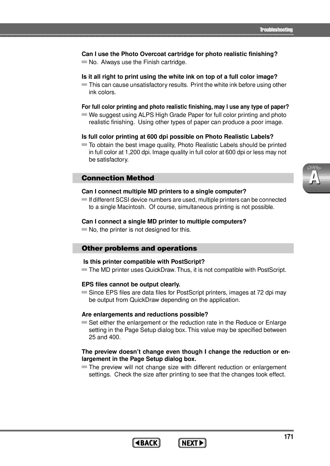 Alps Electric MD-1300 manual Connection Method, Other problems and operations, 171 